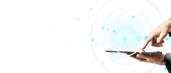 Person touching tablet with cloud icon and tech elements, modern digital style, white background,...