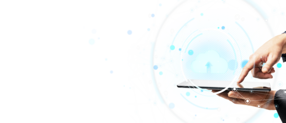 Person touching tablet with cloud icon and tech elements, modern digital style, white background, concept of internet and cloud computing