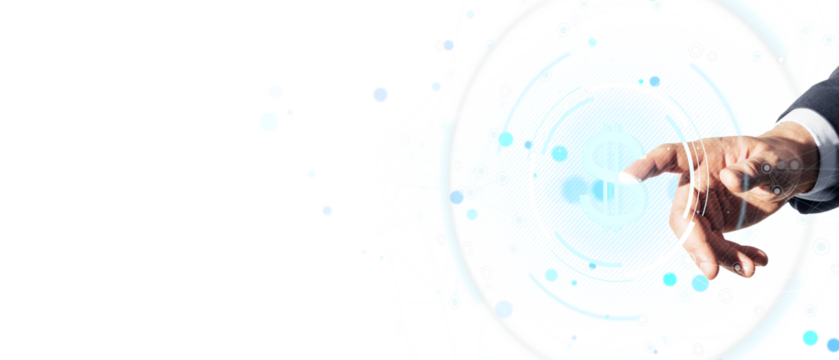 Closeup of a man's hand in suit interacting with digital dollar icon over light abstract background, representing finance and technology concept