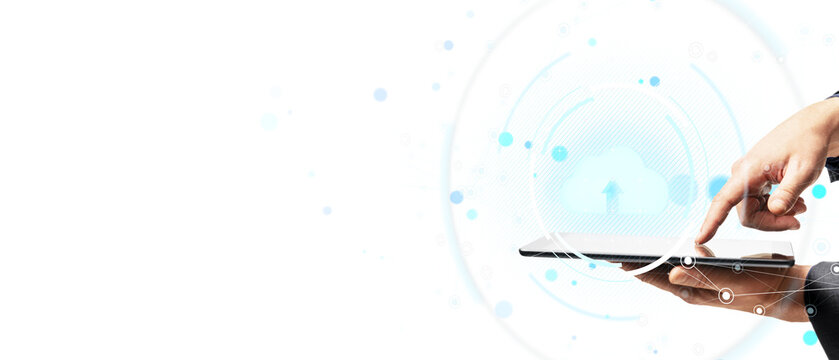 Person touching tablet with cloud icon and tech elements, modern digital style, white background, concept of internet and cloud computing