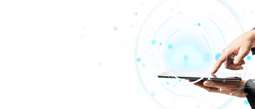 Person touching tablet with cloud icon and tech elements, modern digital style, white background, concept of internet and cloud computing - Powered by Adobe