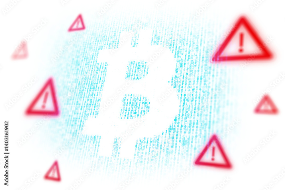 Poster Bitcoin icon made of binary code with red warning signs surrounding it on a clean white background, concept of cryptocurrency security warning, 3D Rendering