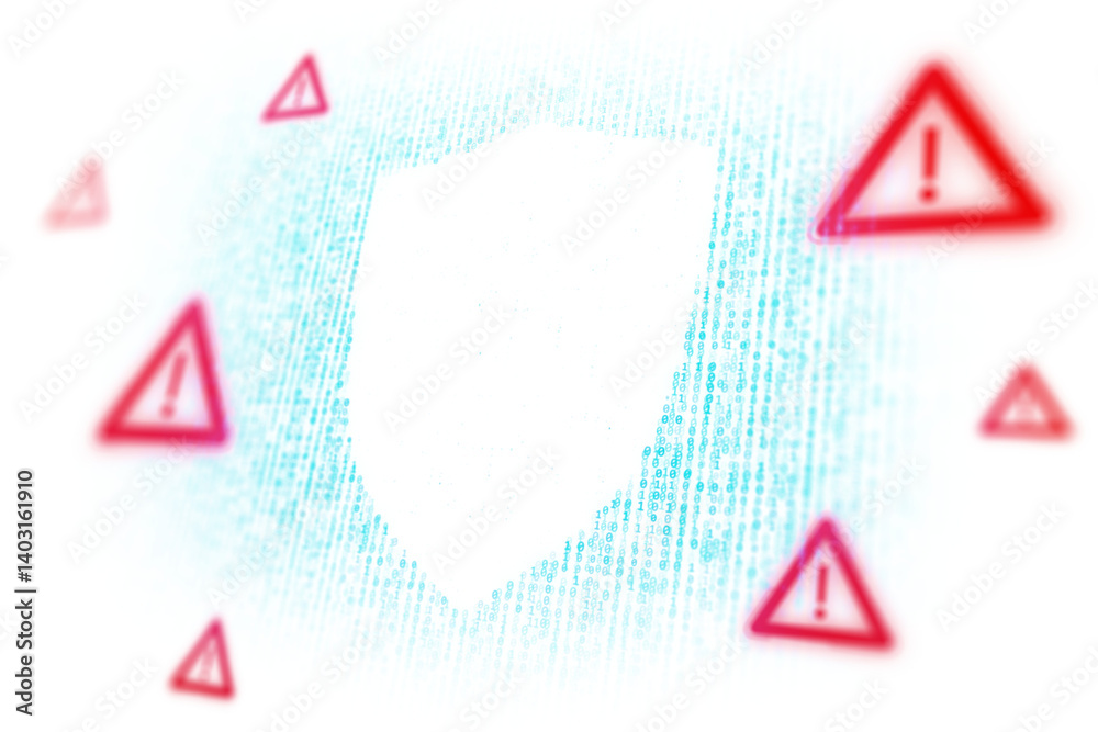 Aufkleber Glowing shield shape with red warning signs over blue binary code, light graphic style, isolated on white background, concept of cybersecurity alert, 3D Rendering