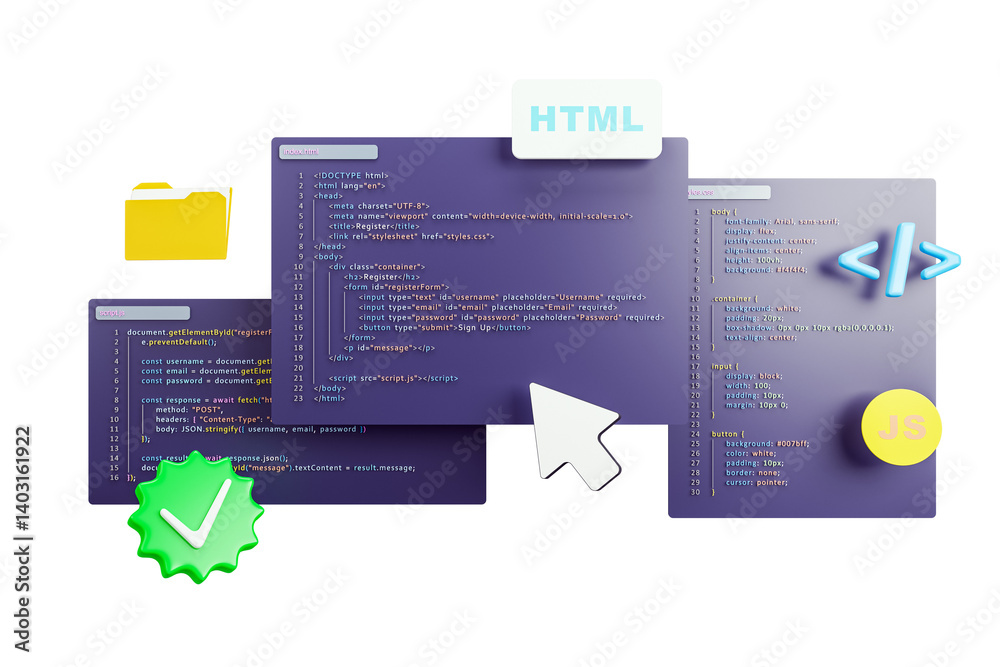 Leinwandbilder Colorful HTML, CSS, JS coding interface with UI icons, 3D Rendering style, isolated on white background, concept of online learning and programming