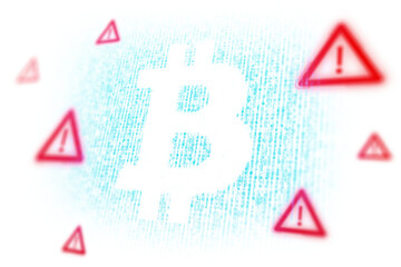 Bitcoin icon made of binary code with red warning signs surrounding it on a clean white background, concept of cryptocurrency security warning, 3D Rendering