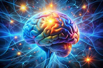 Obraz premium Glowing Brain and Neural Energy: Colorful 3D illustration of a human brain surrounded by dynamic neural impulses and electric light, symbolizing intelligence, cognition, and innovation.