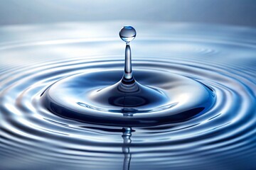 Macro shot of a single water drop falling, creating a mesmerizing ripple effect on the water surface with vibrant blue hues