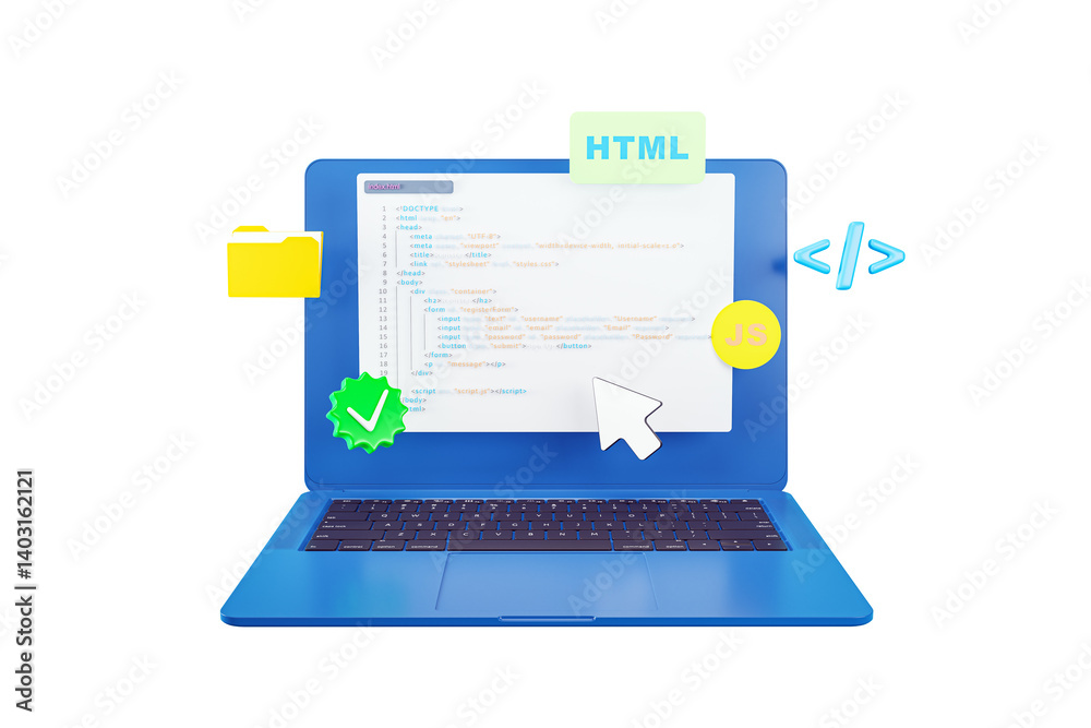 Poster Blue laptop showing HTML code interface, JavaScript icon, and coding symbols in 3D Rendering style, isolated on clean white background