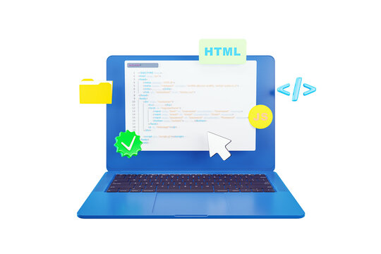 Blue laptop showing HTML code interface, JavaScript icon, and coding symbols in 3D Rendering style, isolated on clean white background