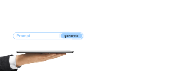 Businessperson hand holding tablet with floating digital prompt bar and generate button, clean light style on white background, concept of innovation