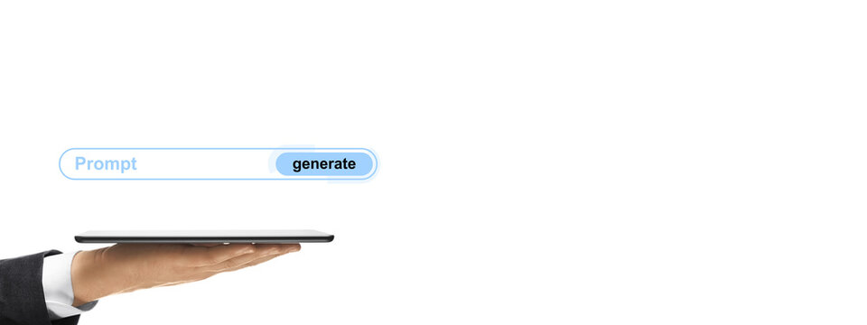 Businessperson hand holding tablet with floating digital prompt bar and generate button, clean light style on white background, concept of innovation