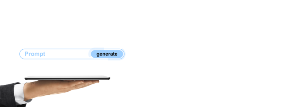 Businessperson hand holding tablet with floating digital prompt bar and generate button, clean light style on white background, concept of innovation - Powered by Adobe