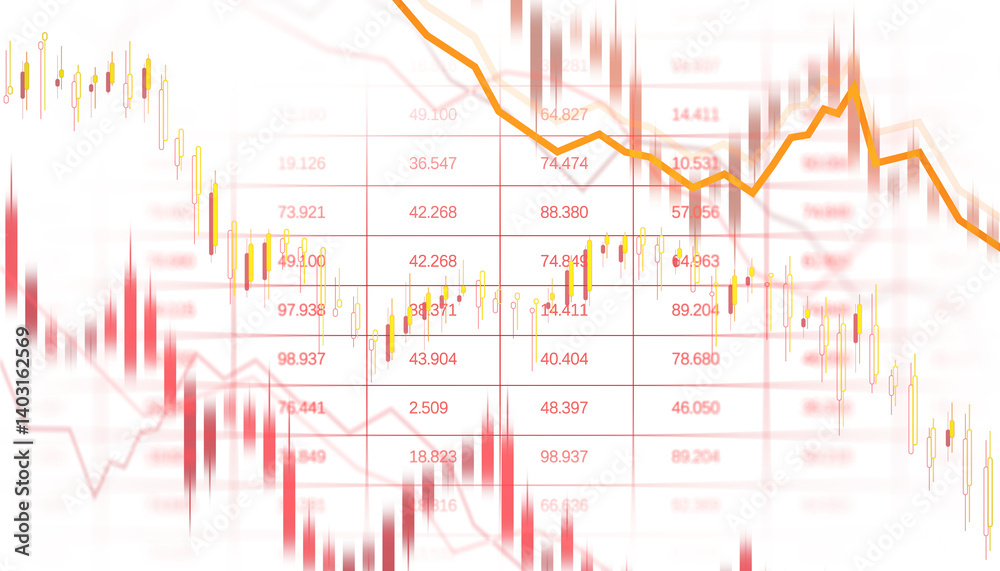 Poster financial candlestick and line chart layout with red and yellow elements, isolated on light transpar