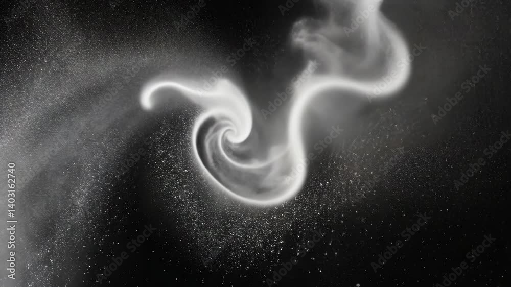 Wall mural whirling white particles, abstract fractal vortex formation, smoke-like effect on a dark black backg