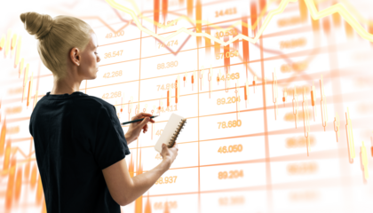 Woman taking notes while analyzing financial chart, light style, transparent background, concept of investment planning and data analysis