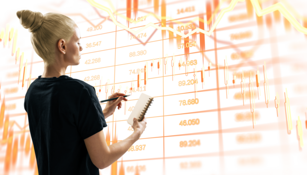 Woman taking notes while analyzing financial chart, light style, transparent background, concept of investment planning and data analysis