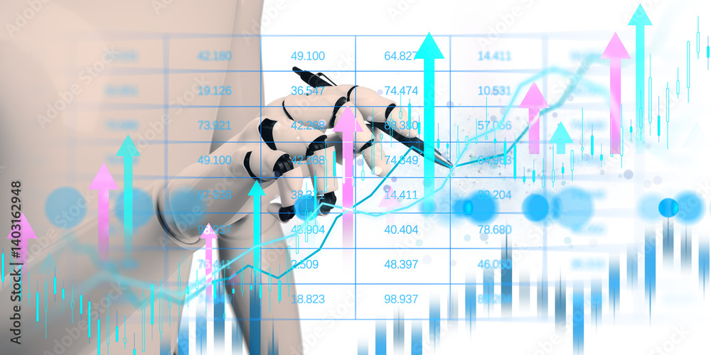 Aufkleber Robotic hand with pen interacting with charts and currency graphs, futuristic style on light background, concept of fintech and automation. 3D Rendering.