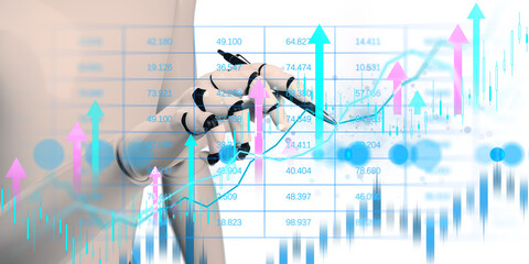 Robotic hand with pen interacting with charts and currency graphs, futuristic style on light background, concept of fintech and automation. 3D Rendering.