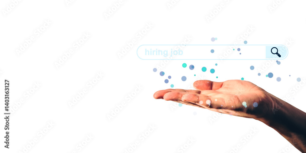 Poster open hand supporting a digital search bar with hiring job text, floating dots, on a white background