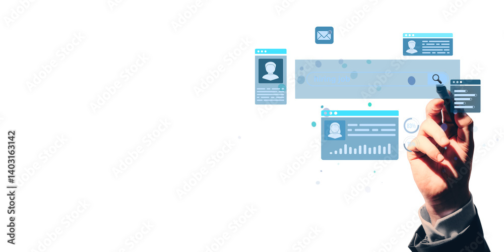 Poster hand of businessperson interacting with abstract digital user interface layout, light blue elements 