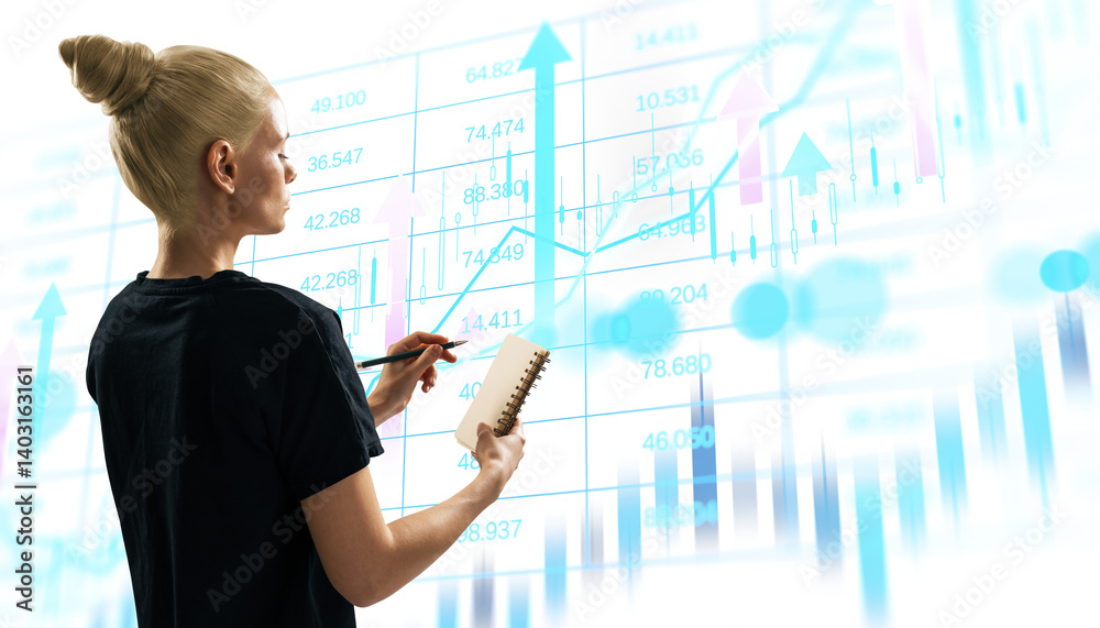 Poster Woman holding notebook and pen analyzing abstract financial data with charts and graphs on bright background, concept of business analytics