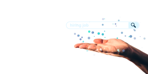 Open hand supporting a digital search bar with hiring job text, floating dots, on a white background. Concept of recruitment and online search