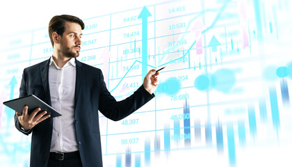 Confident businessman holding tablet and pointing at financial chart, clean graphic style, white...