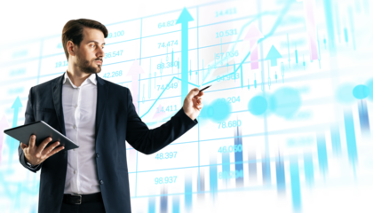 Confident businessman holding tablet and pointing at financial chart, clean graphic style, white background, concept of business strategy