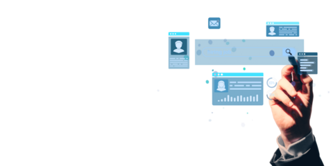 Hand of businessperson interacting with abstract digital user interface layout, light blue elements on clean white background, concept of technology