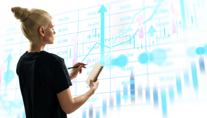 Woman holding notebook and pen analyzing abstract financial data with charts and graphs on bright background, concept of business analytics