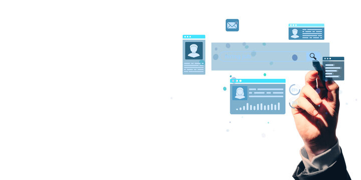 Hand of businessperson interacting with abstract digital user interface layout, light blue elements on clean white background, concept of technology