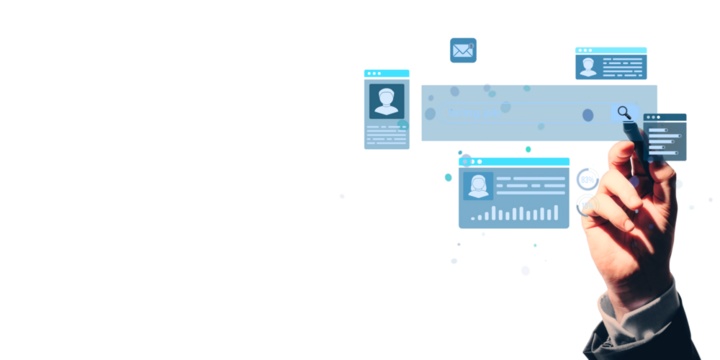 Hand of businessperson interacting with abstract digital user interface layout, light blue elements on clean white background, concept of technology - Powered by Adobe