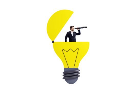 Man in suit inside open yellow bulb holding telescope, clean modern style, isolated on white background, concept of vision and leadership