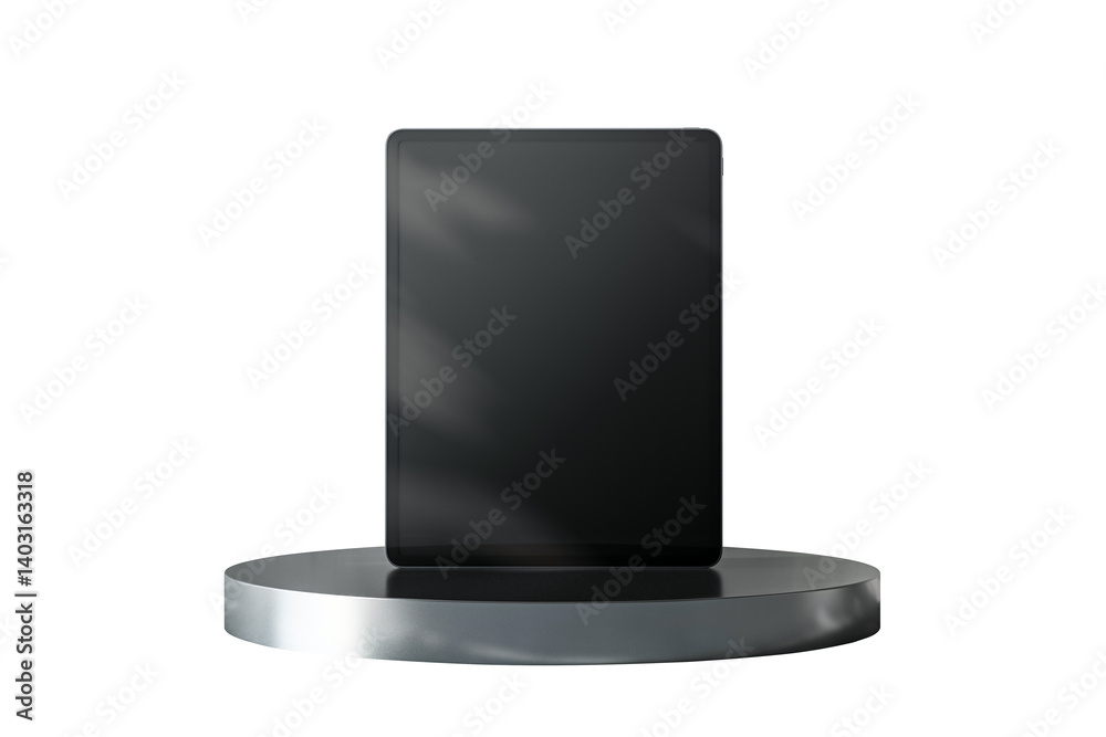 Aufkleber Black digital tablet in upright position on a metallic round podium, clean isolated white background. 3D Rendering of tech product concept