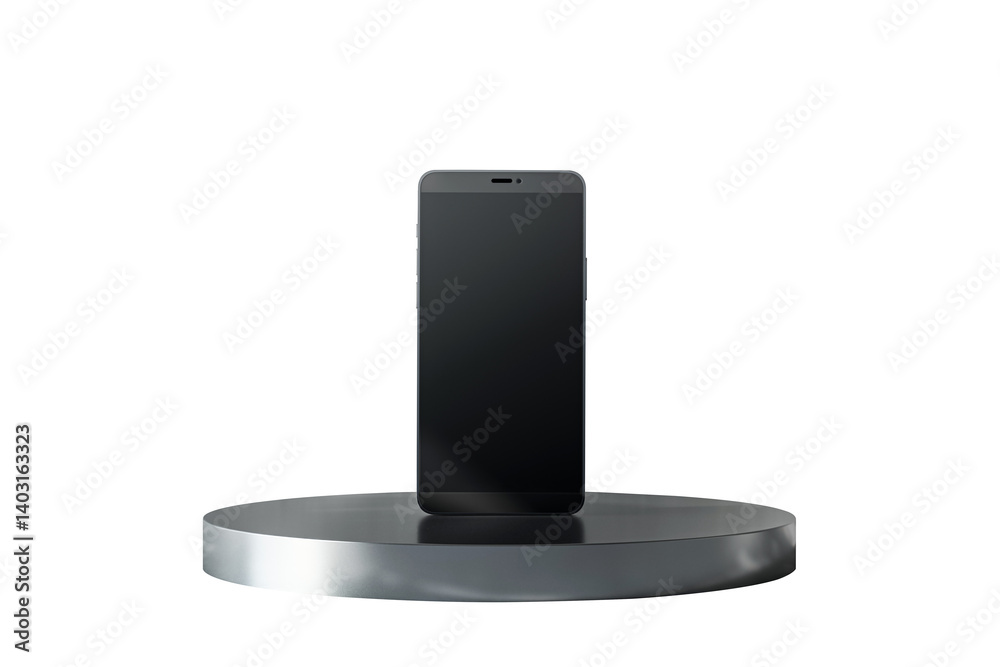 Poster Black smart mobile phone on round metallic stand, clean closeup layout, isolated on white background, product display and tech concept, 3D Rendering