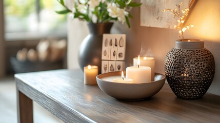 calm workspace with candles and wellness reminders on wall