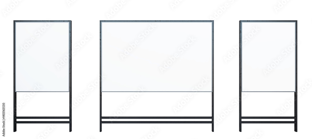 Poster three vertical blank boards with black frames isolated on white background, clean template layout fo