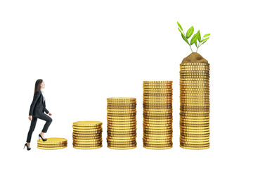 Woman in business attire stepping on rising stacks of gold coins with plant on top, clean white...