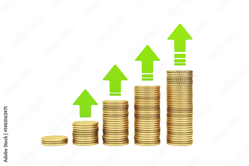 Poster stacks of gold coins arranged in ascending order with green upward arrows, clean cutout style, isola