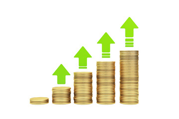 Stacks of gold coins arranged in ascending order with green upward arrows, clean cutout style, isolated on white background. Concept of growth and capital. 3D Rendering
