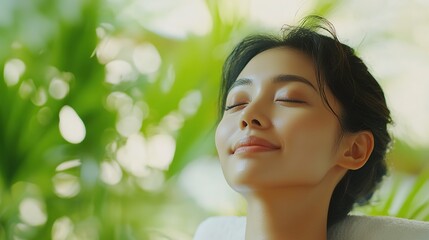 Woman enjoying a relaxing facial treatment, embodying tranquility and self-care.
