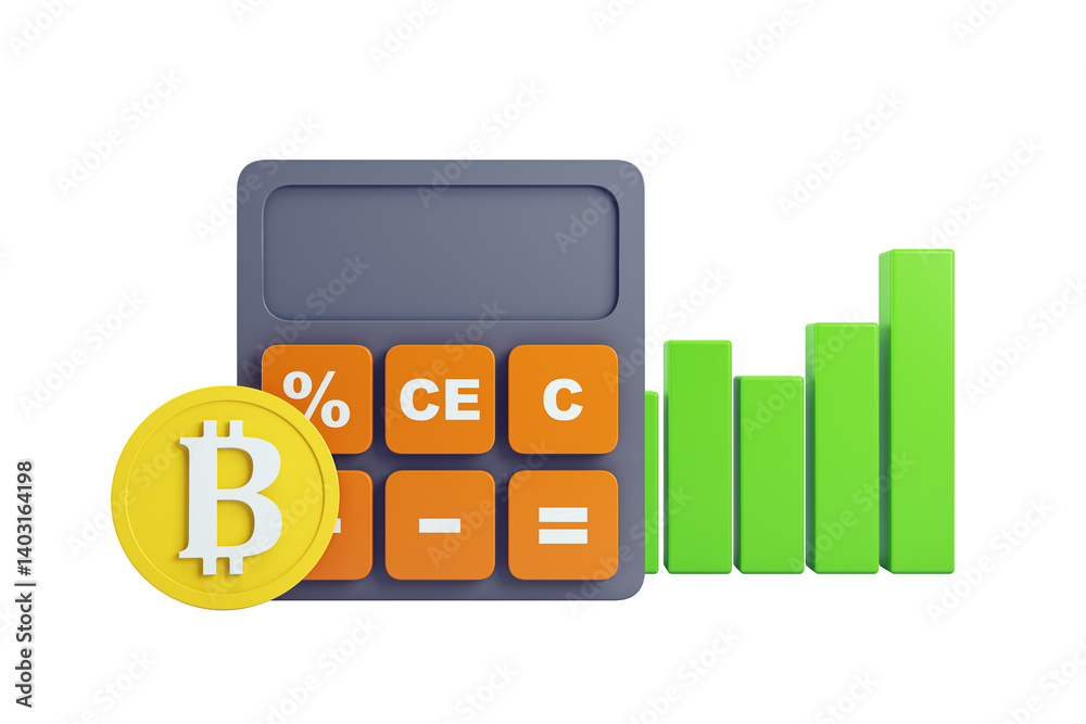Poster bitcoin coin, digital calculator, and green bar chart isolated on white background, 3d rendering con