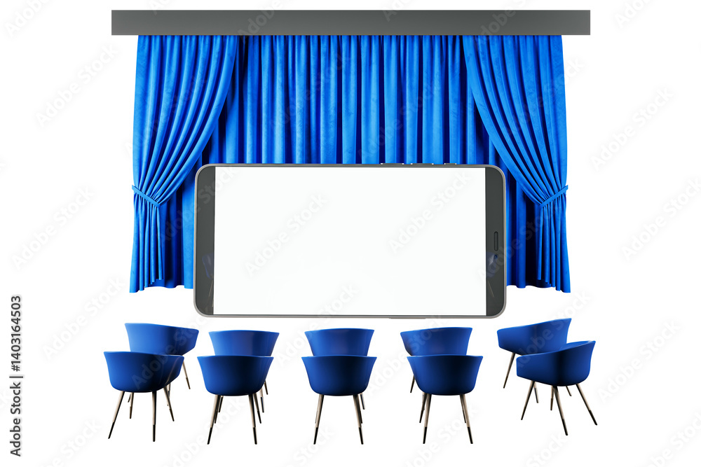 Poster Blue chairs arranged in rows face a large smartphone screen placed in front of closed blue curtains on a clean white background. 3D Rendering