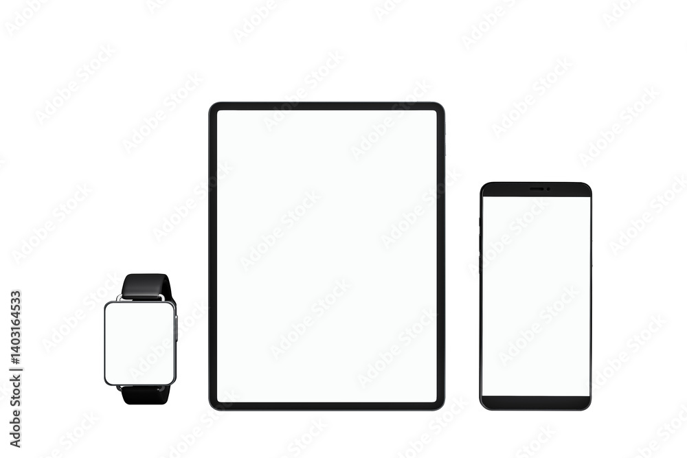 Poster Smartwatch, tablet, and smartphone mockups with blank screens isolated on white background, clean layout for digital display and branding concept. 3D Rendering.
