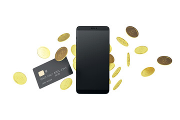 Smartphone with blank screen, floating coins and credit card, 3D Rendering, on white background. Concept of online mobile banking and payment