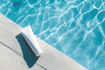 white tube of skin care cream on the edge of an outdoor swimming pool, sunlight shining down and creating ripples in the blue water, Top view, sunscreen products concept, clean and fresh