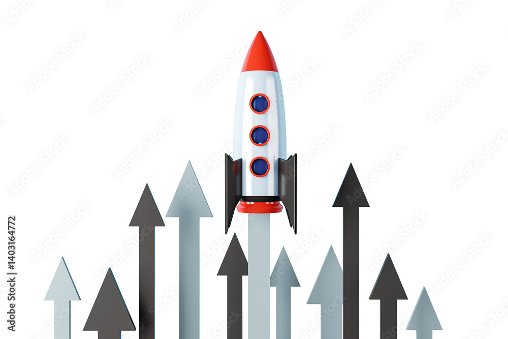 Poster 3D Rendering of a red and white rocket with upward arrows, isolated on white background, symbolizing startup launch and business growth