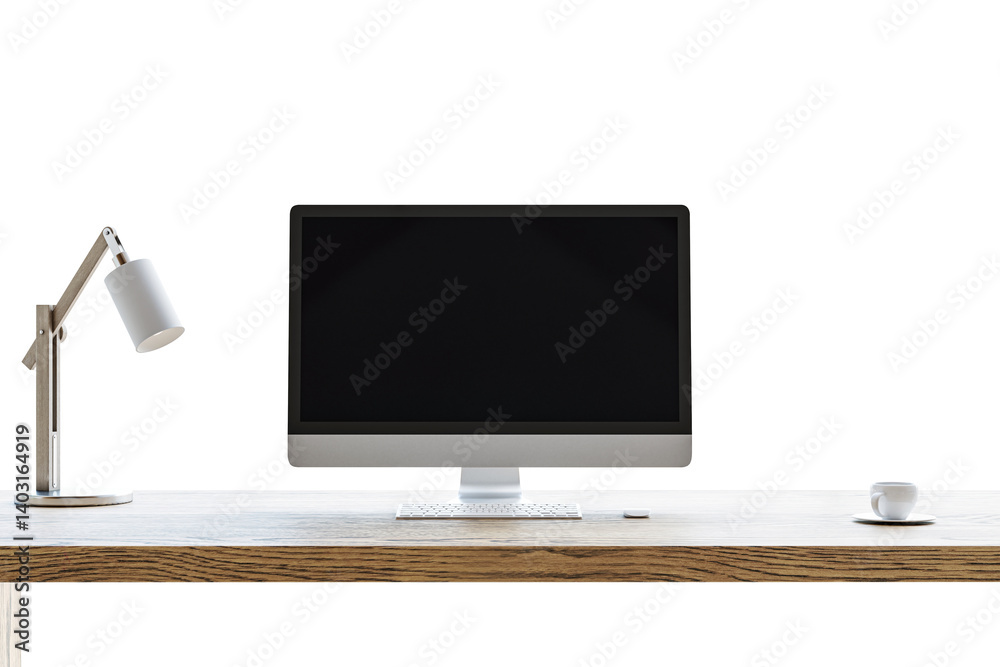 Poster modern desktop computer with blank screen on wooden desk, lamp and cup included, isolated on white b