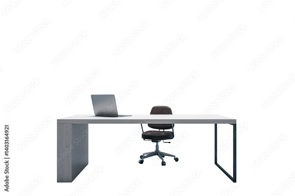 Poster office desk with a laptop and chair isolated on white background, minimal clean layout for business,