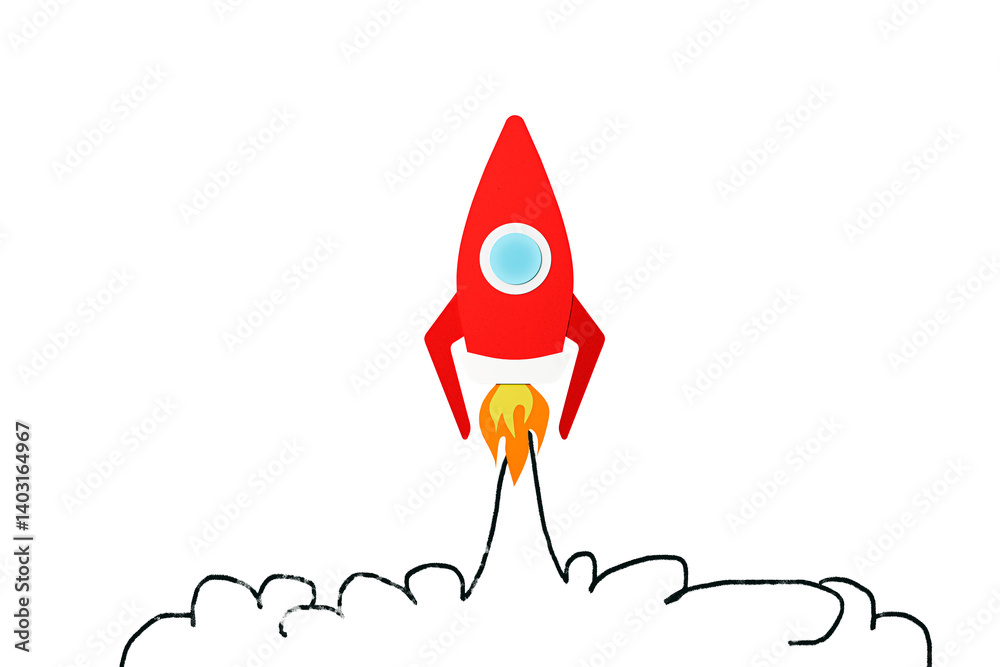 Poster red rocket with flame launching upward and hand-drawn smoke trail, clean isolated white background, 